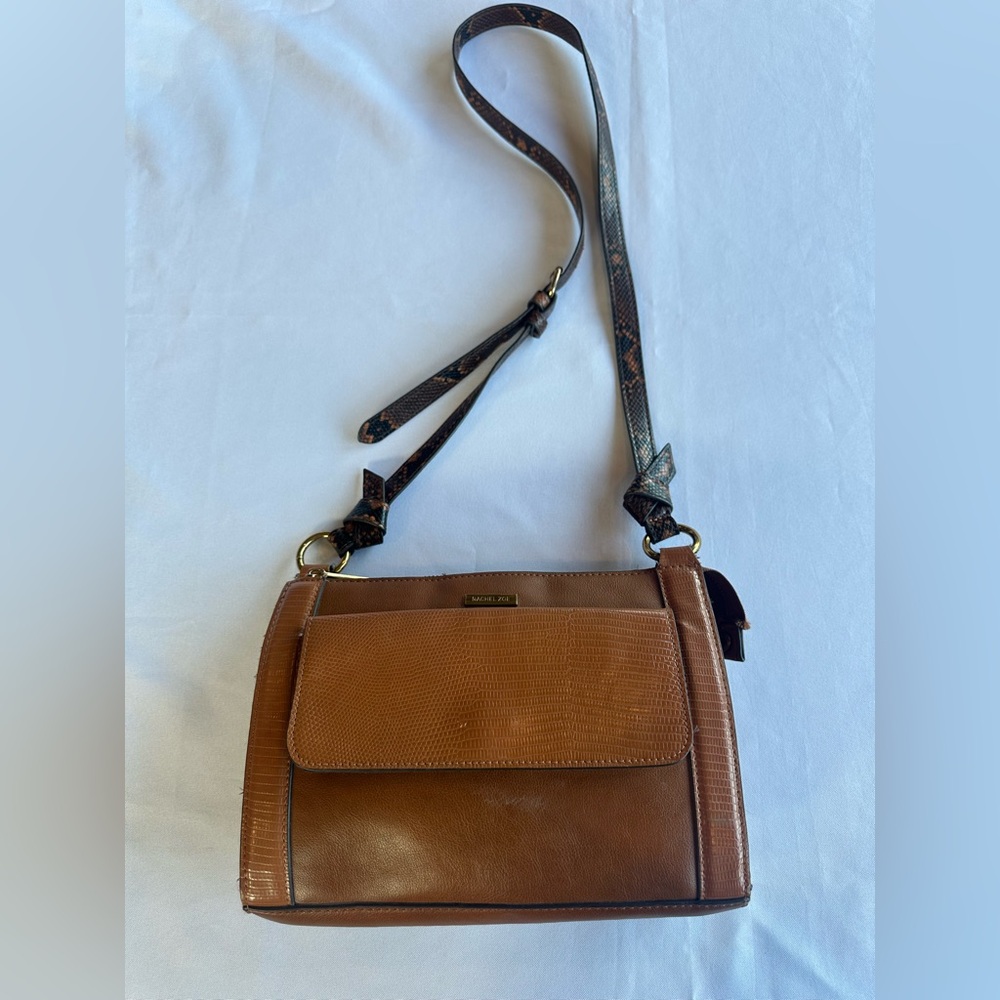 Rachel Zoe Brown Leather Textured Handbag with Snake Strap 10”x7”